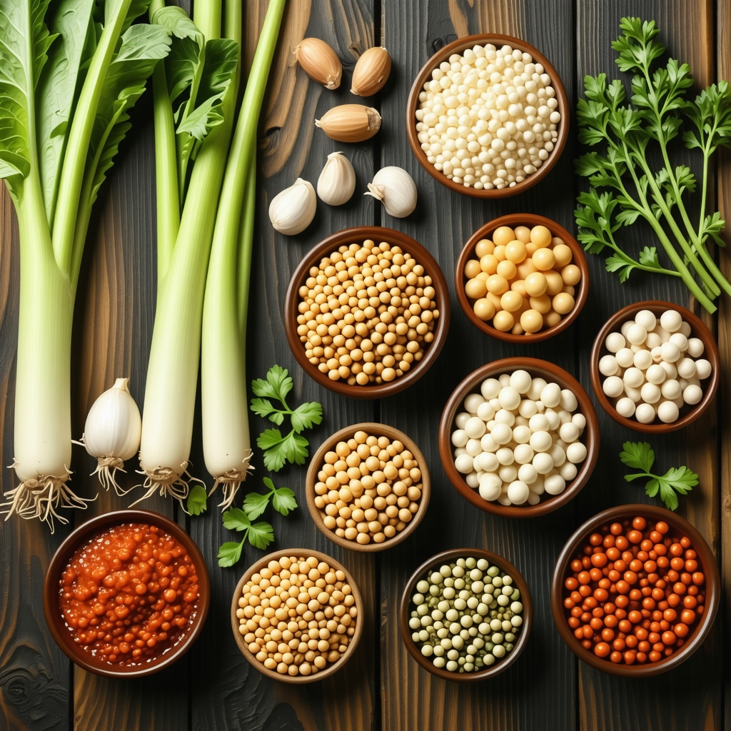 Assortment of prebiotic and probiotic foods including chicory root, legumes, and fermented vegetables to illustrate microbiome modulation