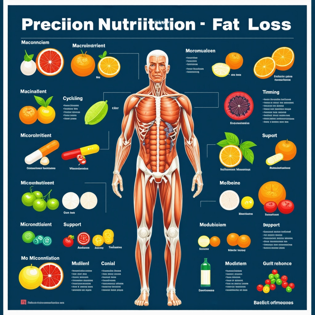 Infographic showing precision nutrition strategies combined with weight loss medication for enhanced fat loss outcomes
