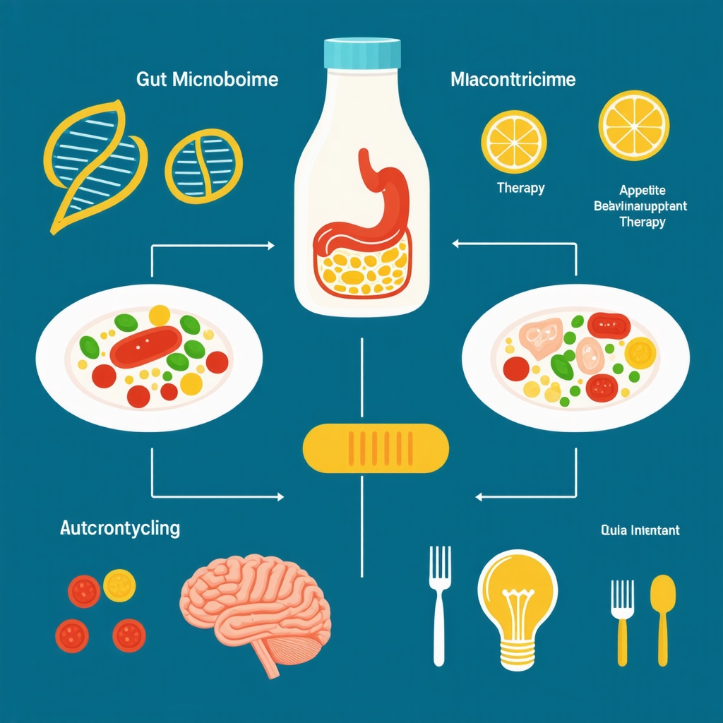 Infographic showing how genetics, gut microbiome, nutrition, and behavioral therapy interact to optimize appetite suppressant effectiveness