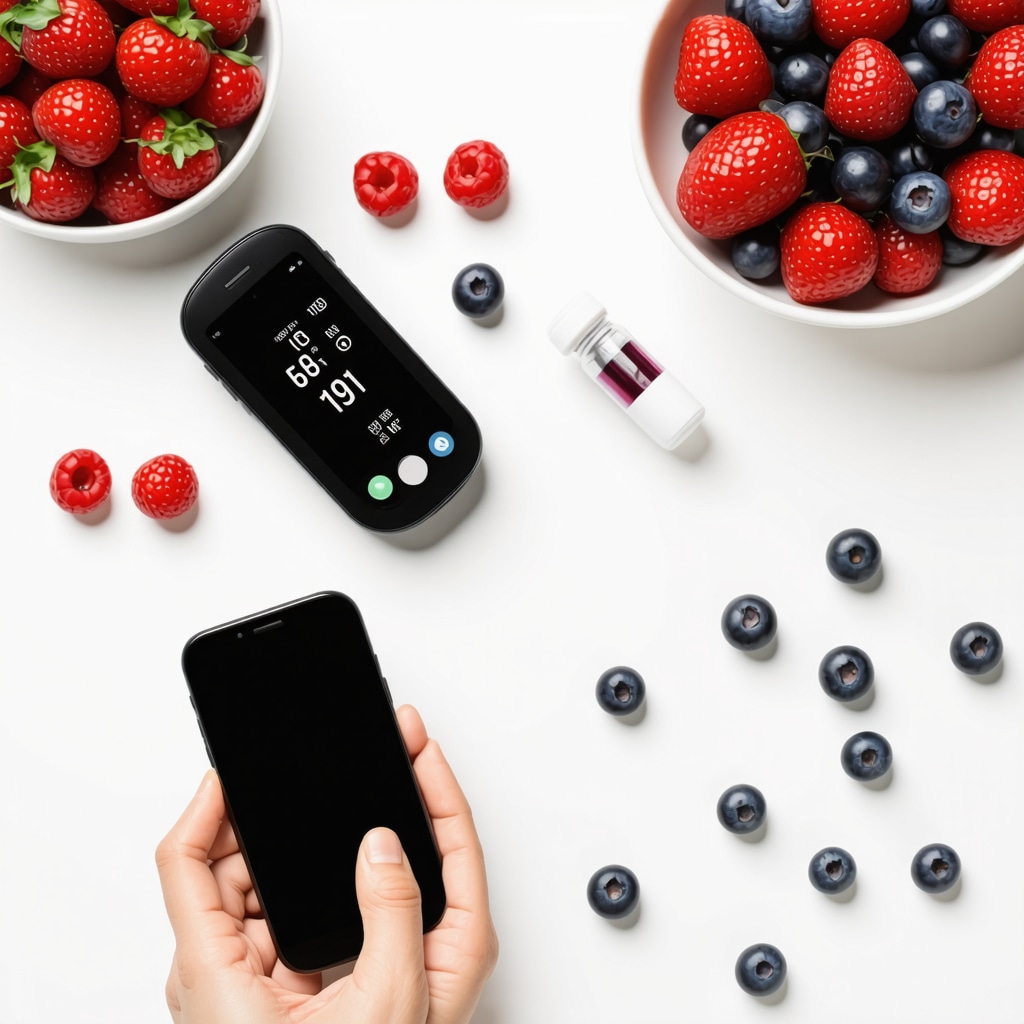 Person using continuous glucose monitor and AI nutrition app alongside GLP-1 medication and functional foods on table