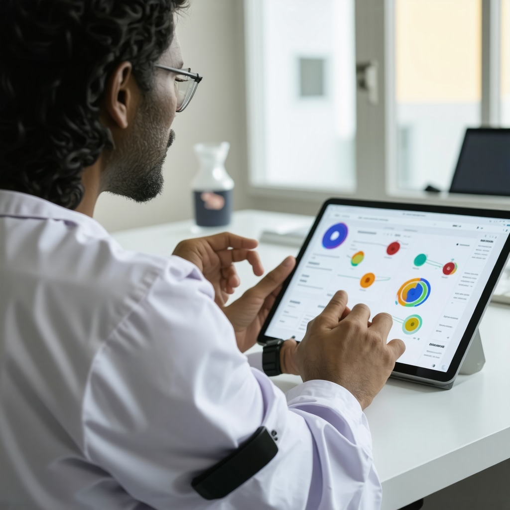Patient using wearable health devices with clinician analyzing genetic data on a tablet for personalized semaglutide and prescription diet therapy