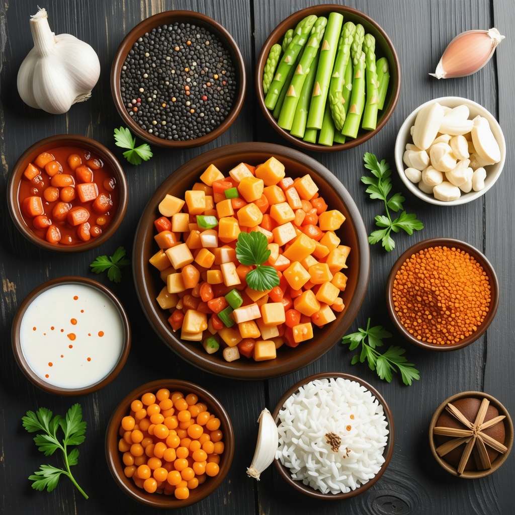 An assortment of probiotic-rich and prebiotic foods including kimchi, kefir, garlic, and asparagus displayed on a wooden table to illustrate gut health support.