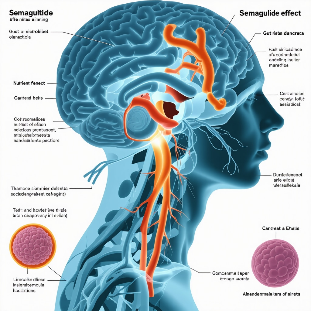 Diagram illustrating semaglutide's mechanisms alongside nutrient timing and gut microbiota influences