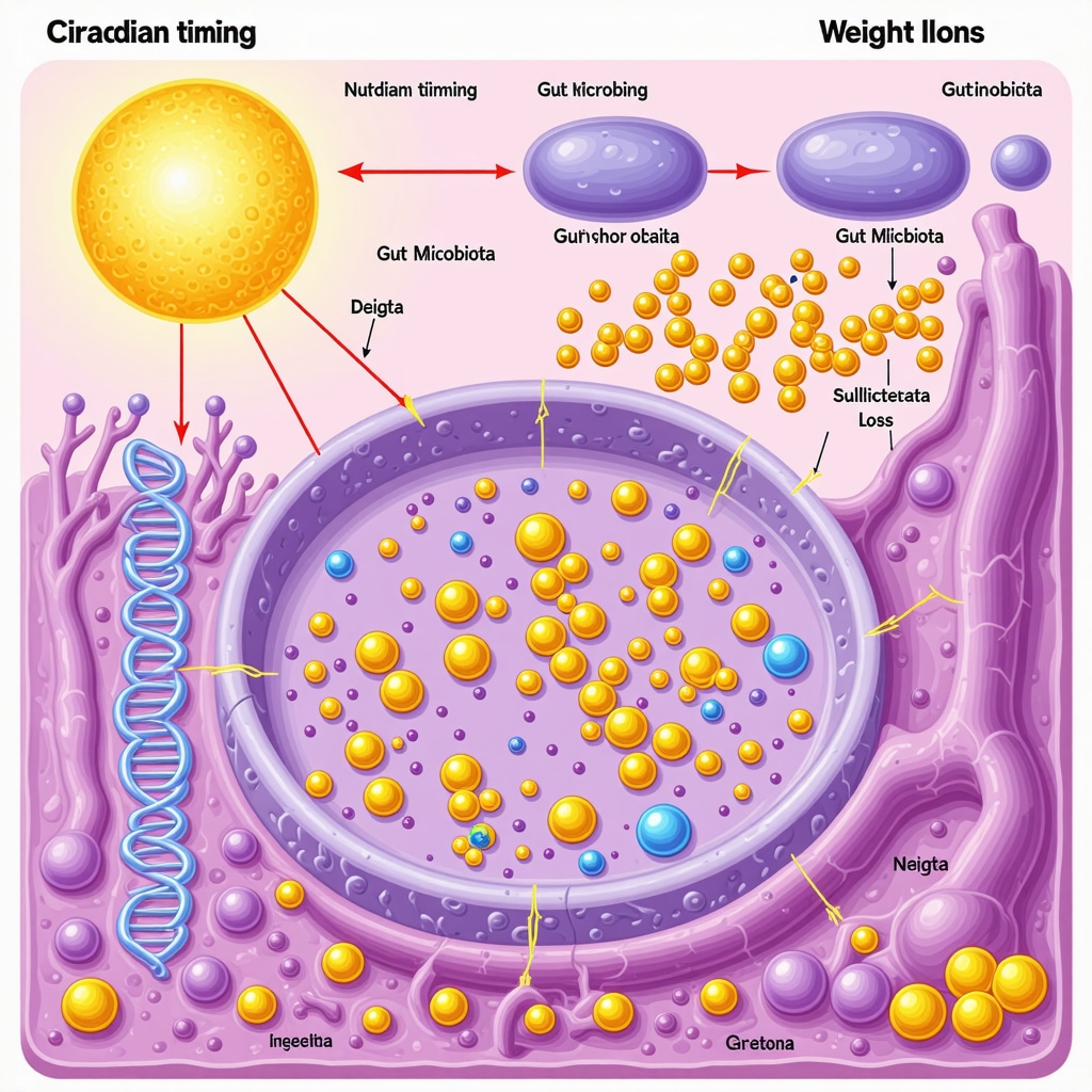 Illustration depicting circadian rhythm, gut microbiome, and weight loss injection mechanisms