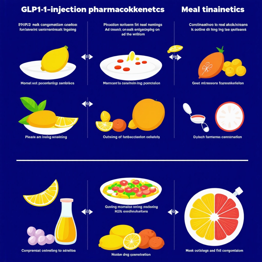 Infographic showing GLP-1 drug plasma concentration curves alongside recommended meal timing and nutrient types for optimized fat loss