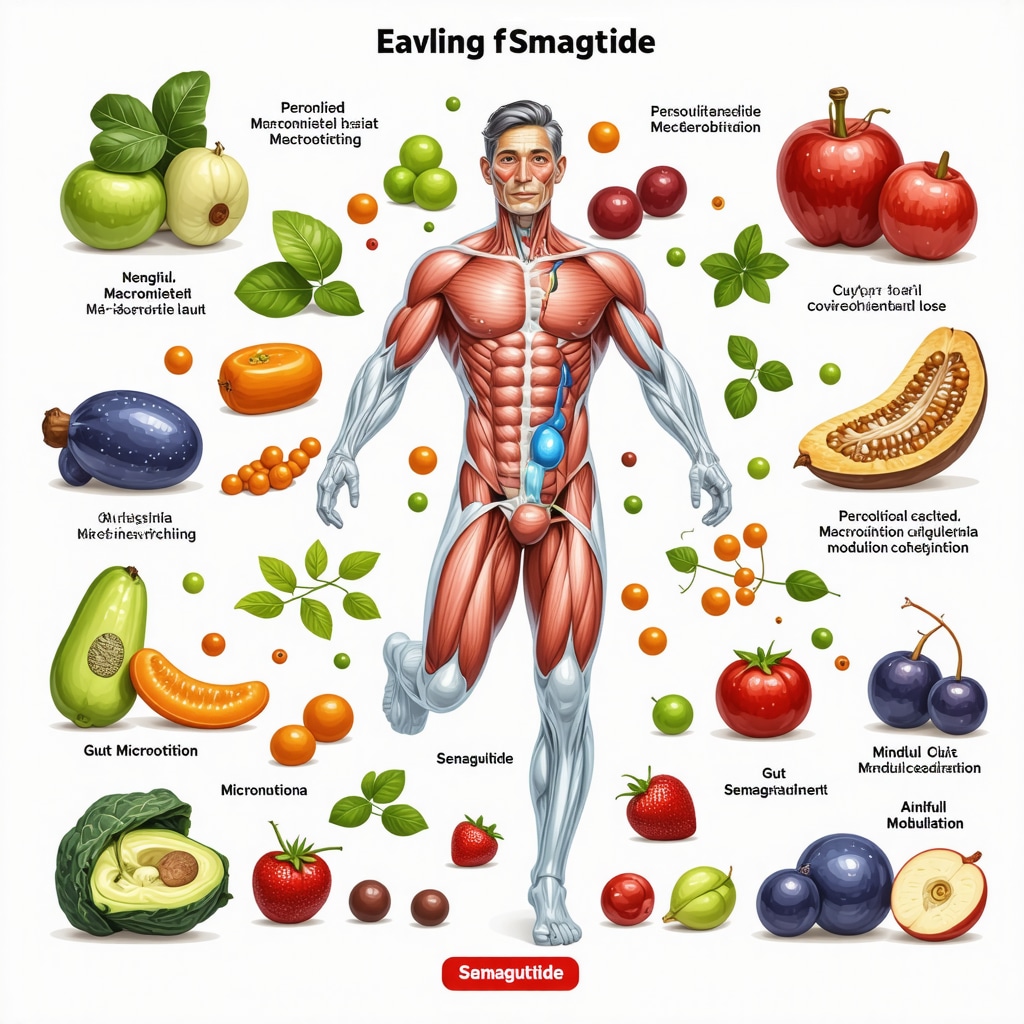Infographic showing semaglutide medication alongside diverse healthy foods, gut microbiota icons, and mindful eating symbols