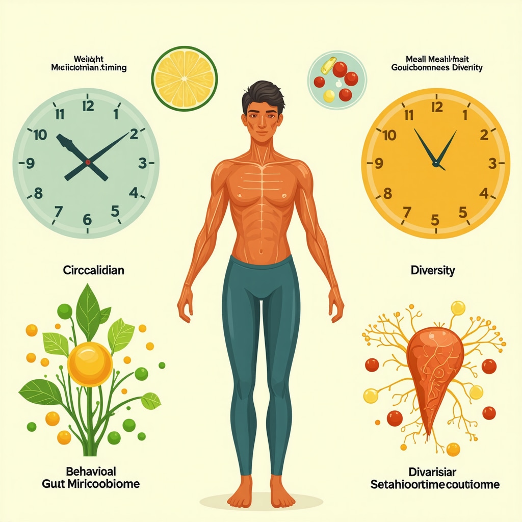 Infographic showing interaction of weight loss drugs, circadian nutrition, gut microbiome, and behavioral therapy for enhanced fat loss