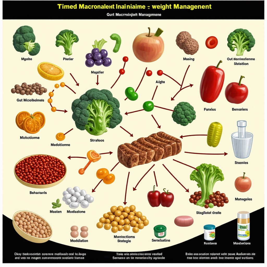 Infographic illustrating the dynamic interaction between diet timing, gut health, behavioral science, and weight loss medication for optimal fat loss