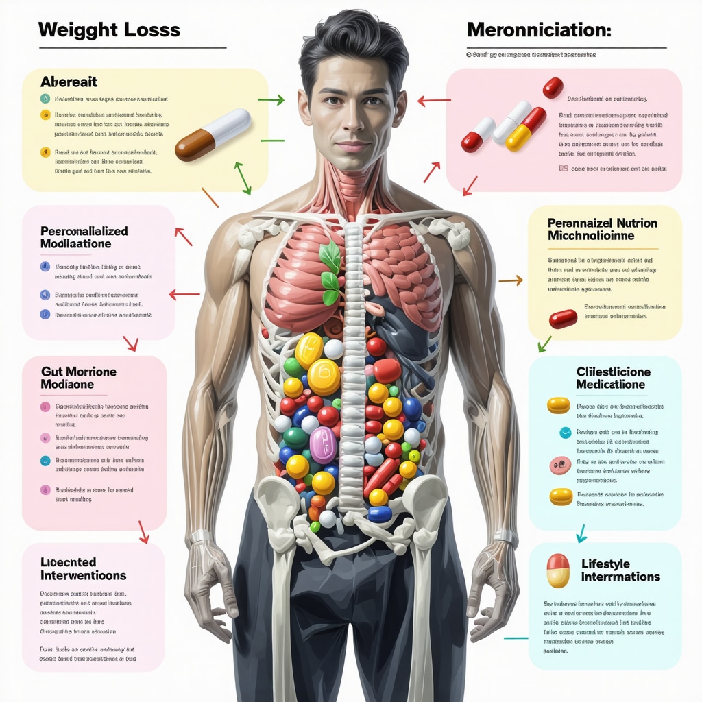 Infographic showing how weight loss medications, tailored nutrition, gut microbiome, and lifestyle factors work together to optimize fat loss