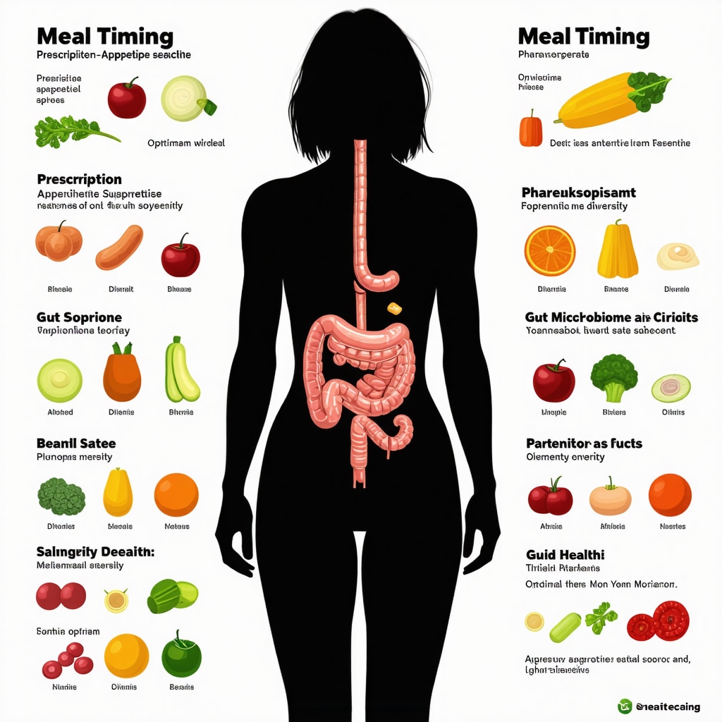 Infographic showing meal timing aligned with medication peaks and gut microbiome-friendly foods
