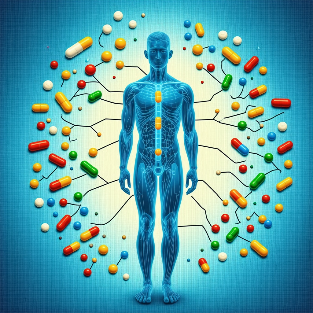 Human figure with icons representing nutrients and medications linked by molecular pathways depicting interactions and optimal timing