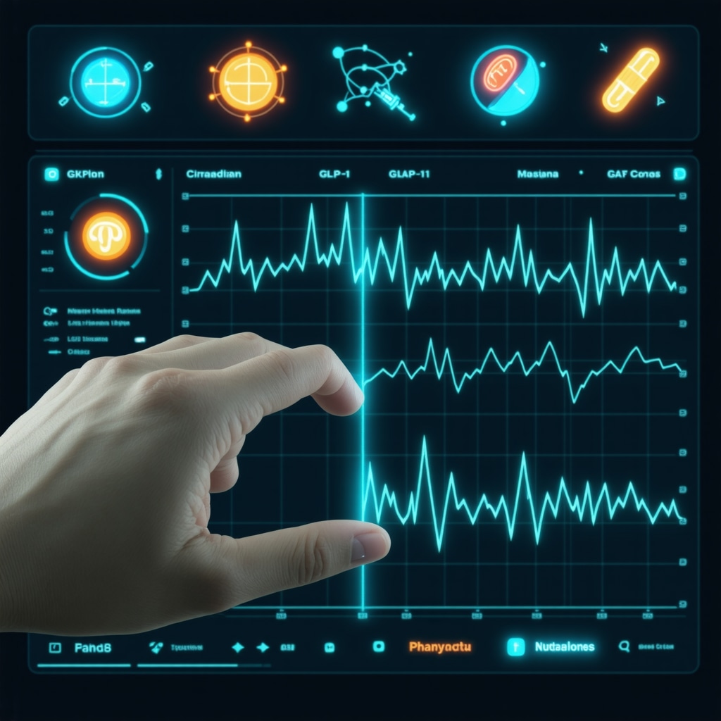 Digital dashboard showing wearable metabolic data aligned with circadian rhythms and GLP-1 drug effects