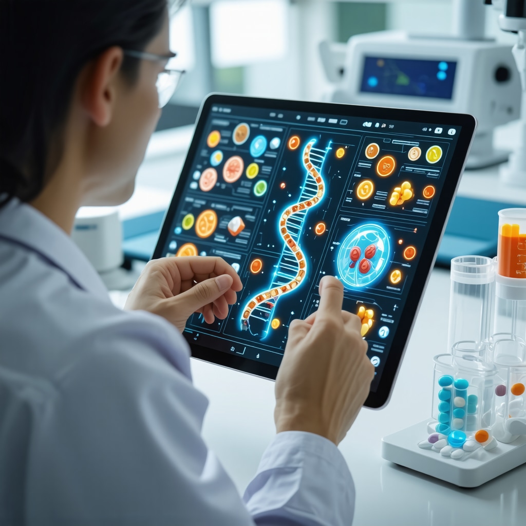 Healthcare professional using AI software for personalized weight loss meal planning integrating genetic and medication data