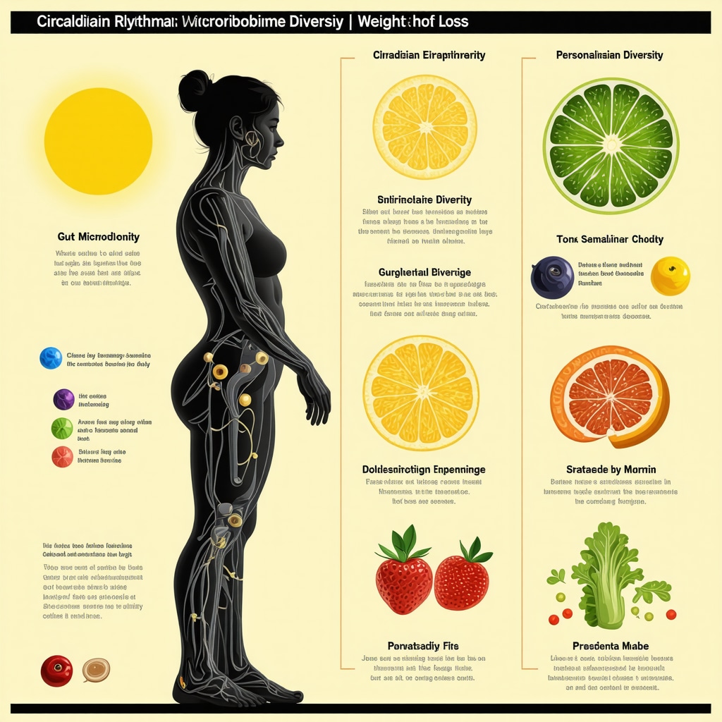 Infographic showing circadian rhythms, gut microbiome, and personalized diet plans for weight management.