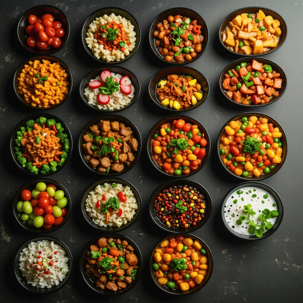 Prepared meals with protein, fiber-rich vegetables, and fermented foods on kitchen counter
