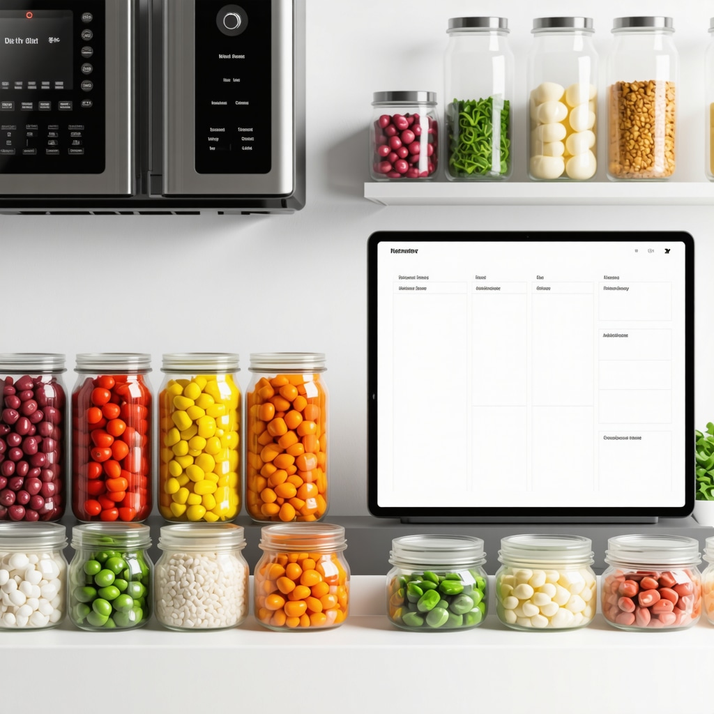 Modern kitchen with sous-vide cooker, vacuum-sealed meals, fermented foods, and a digital meal planner
