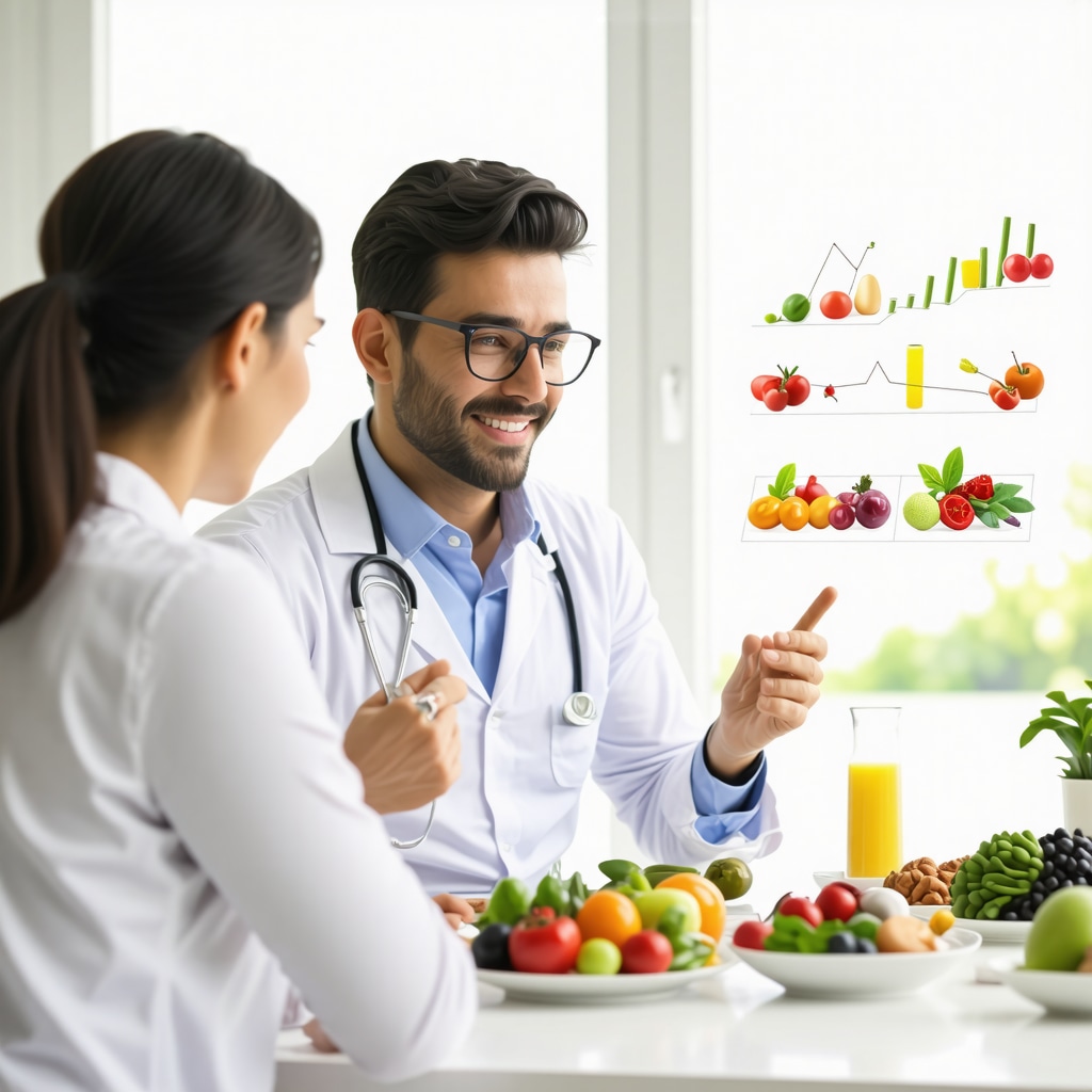 Nutritionist advising a patient on electrolyte-rich foods, fermented foods, and optimized meal timing for semaglutide therapy