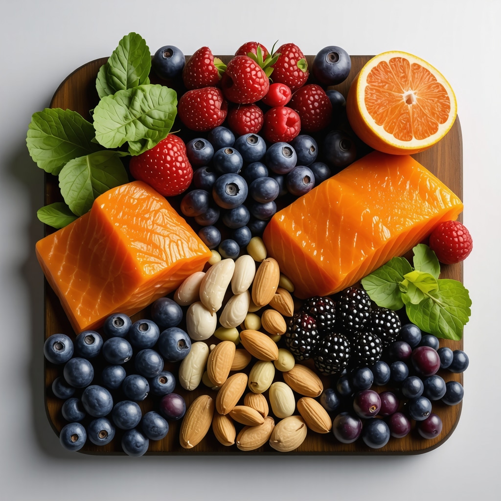 A colorful display of omega-3 rich fish, berries, nuts, and fermented vegetables highlighting advanced nutrition.