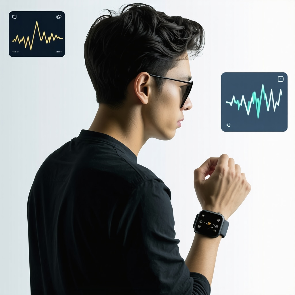 Person using wearable health devices with digital data overlays for weight loss monitoring