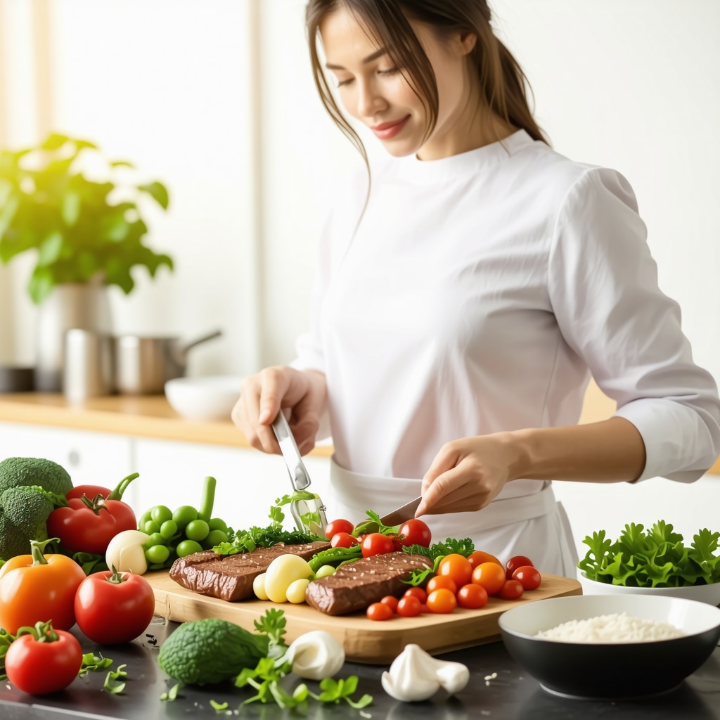 Person preparing a nutritious meal with vegetables, proteins, and healthy fats for weight management.