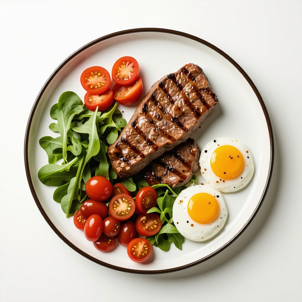 Plate with lean proteins, vegetables, and healthy fats for weight management.