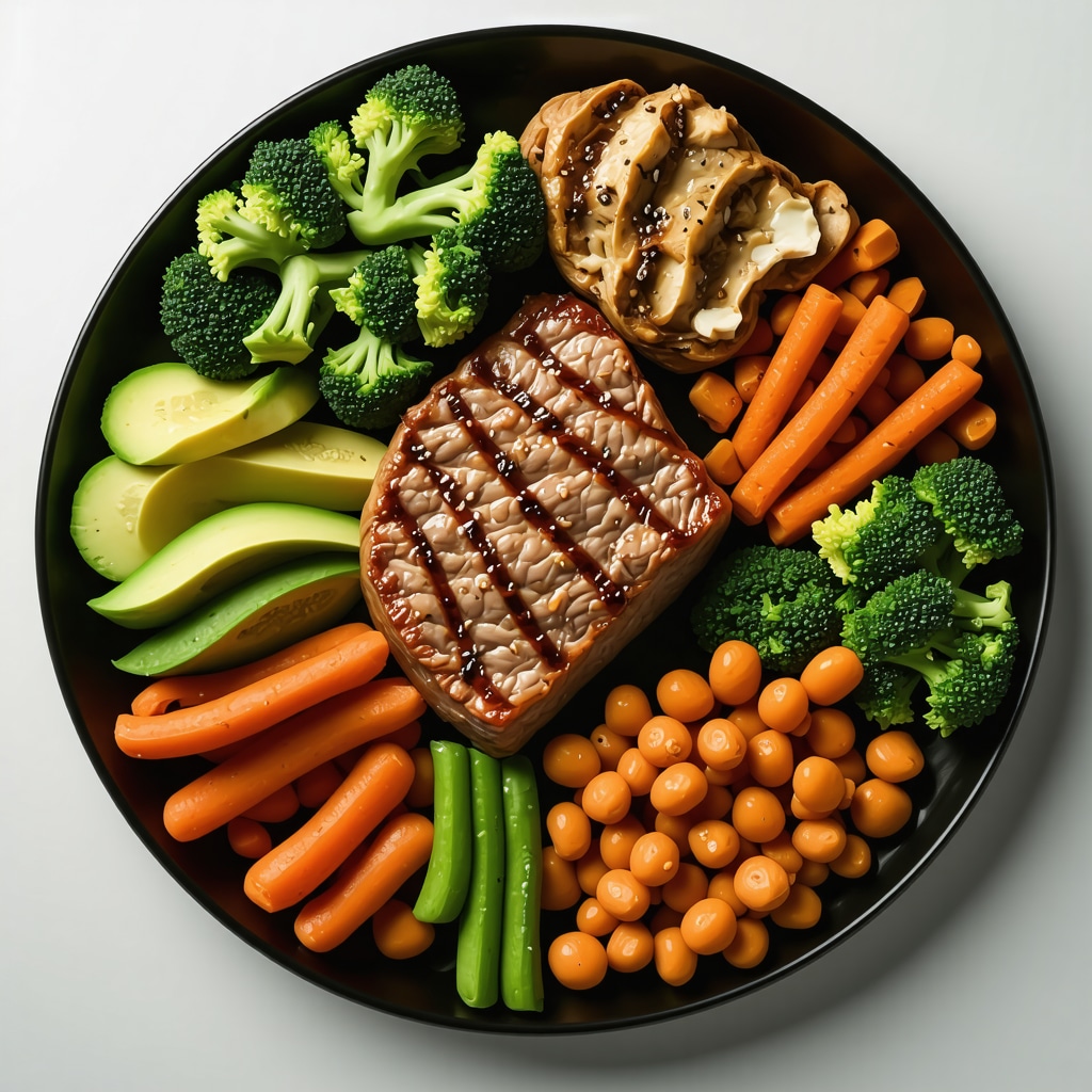 Colorful plate with vegetables, lean meats, and healthy fats supporting medication-based weight management.