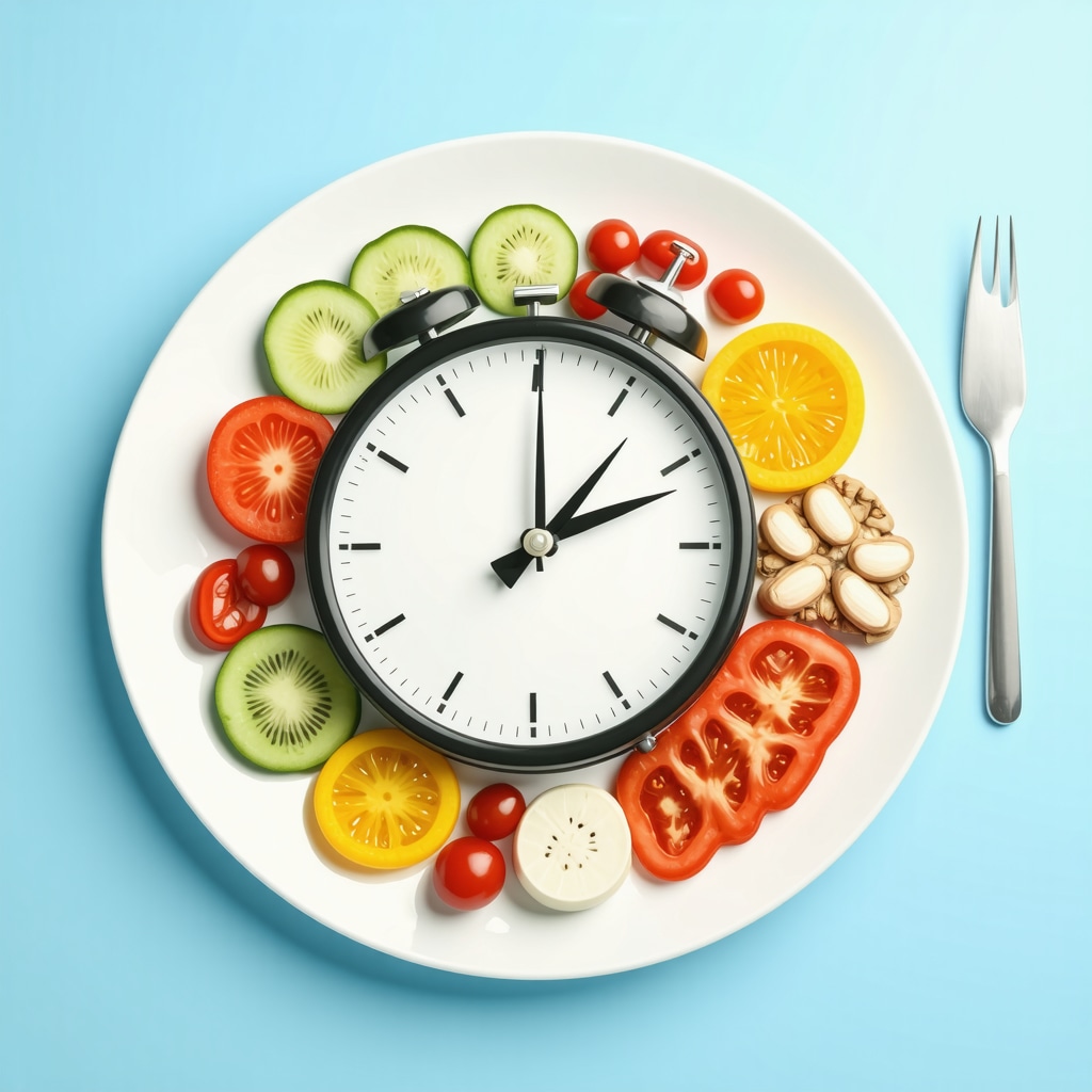 Clock overlaying a balanced plate of food representing optimized meal timing for weight loss injections