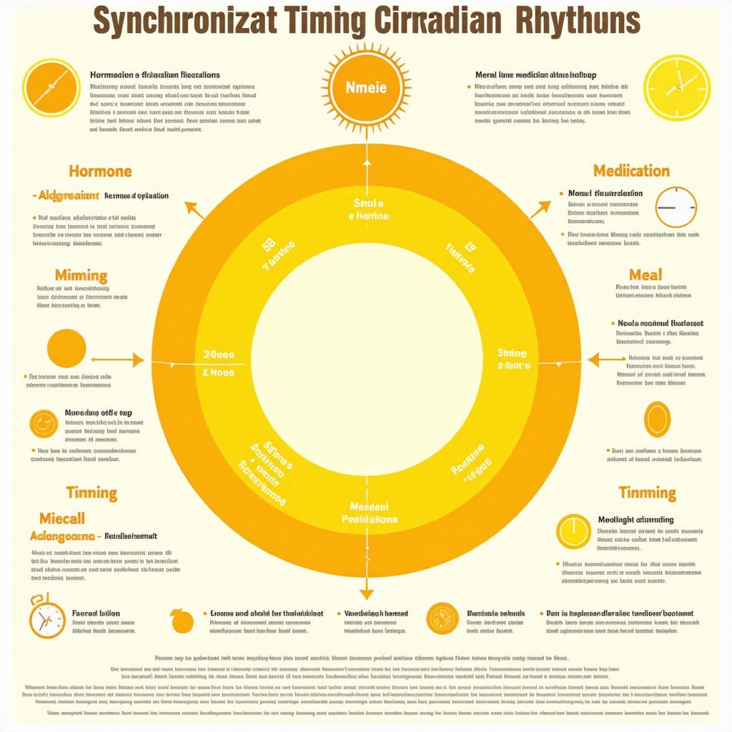 Infographic showing circadian rhythm phases aligned with optimal medication and meal timing for weight loss