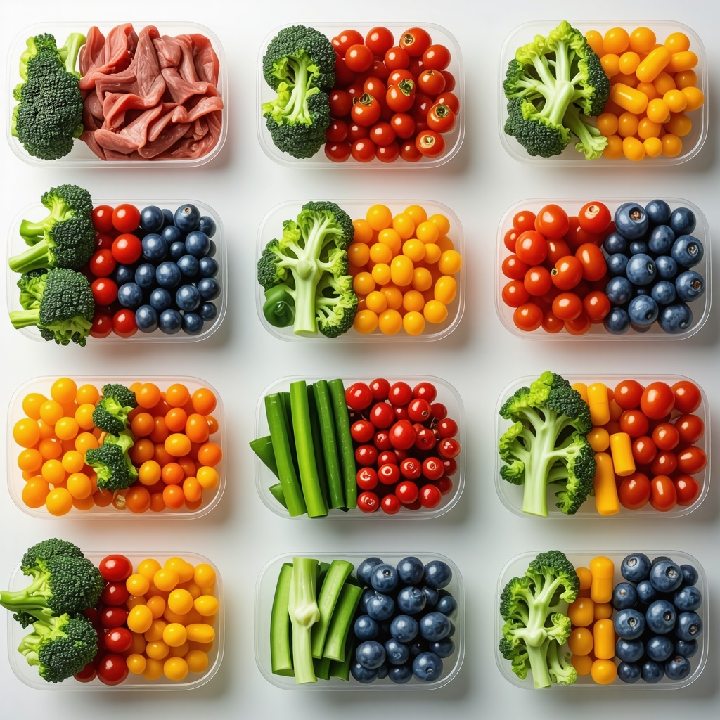 A plate of balanced, colorful meal with vegetables, lean meat, and supplements