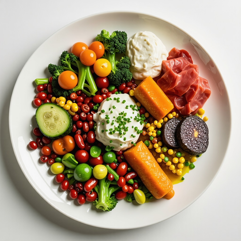 Colorful healthy meal with vegetables, fermented foods, and lean proteins to support prescription weight loss