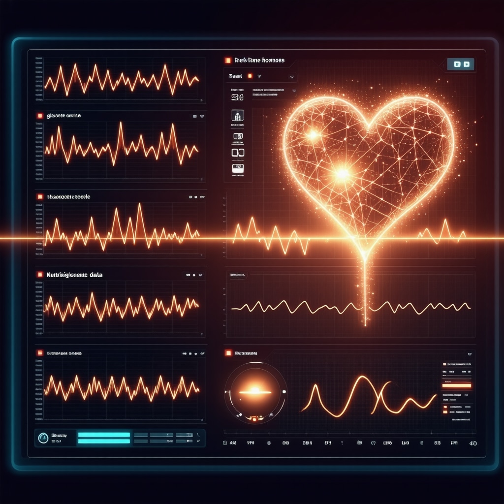 Digital health dashboard showing biometric data and DNA strands for personalized appetite suppressant management