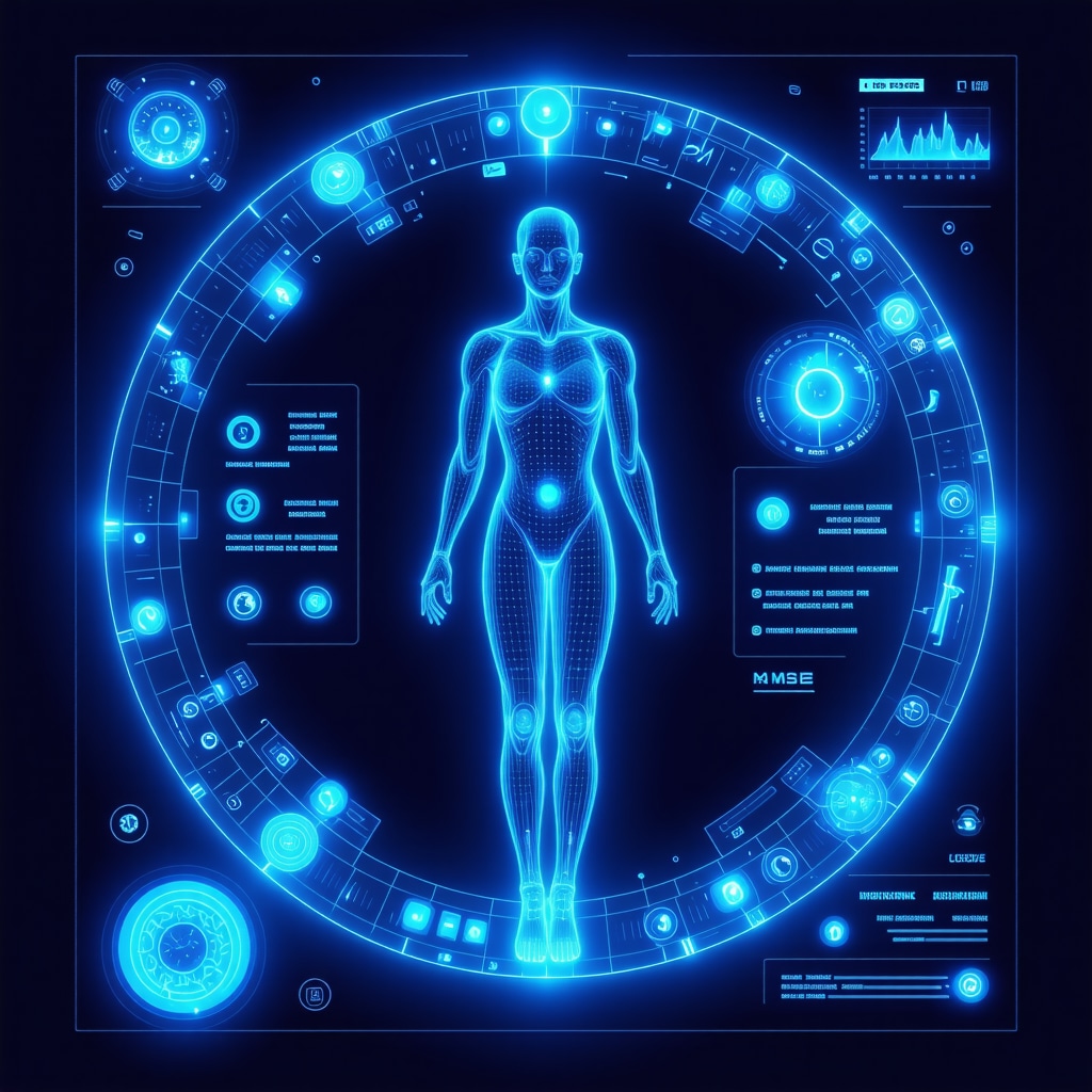 High-tech digital health dashboard showing behavioral and microbiome data for weight loss