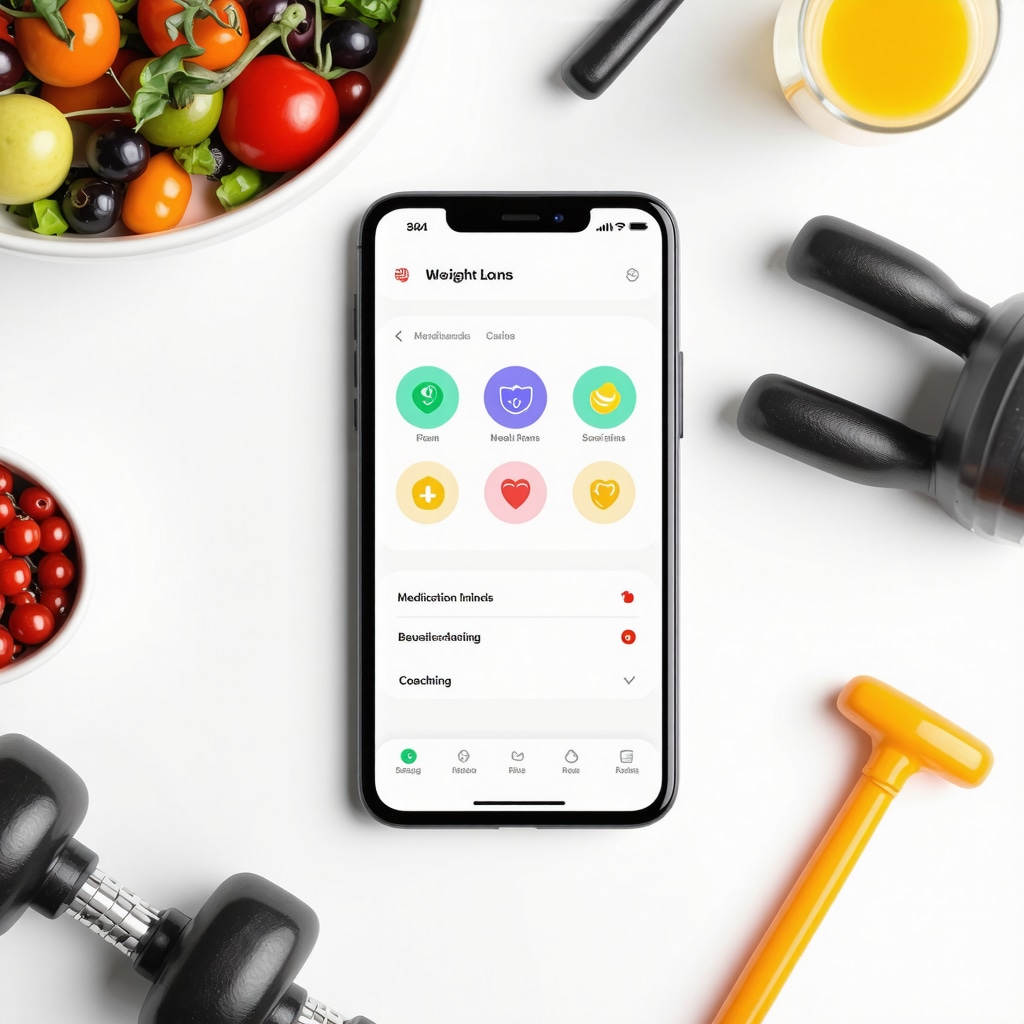 Smartphone showing weight loss app with medication reminders and personalized meal plans, with healthy food and fitness gear in background