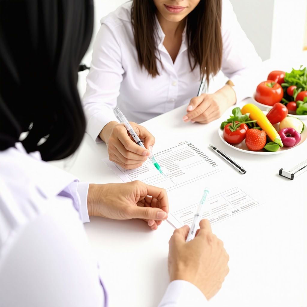 Nutritionist explaining personalized diet plans with injection pens and healthy foods.
