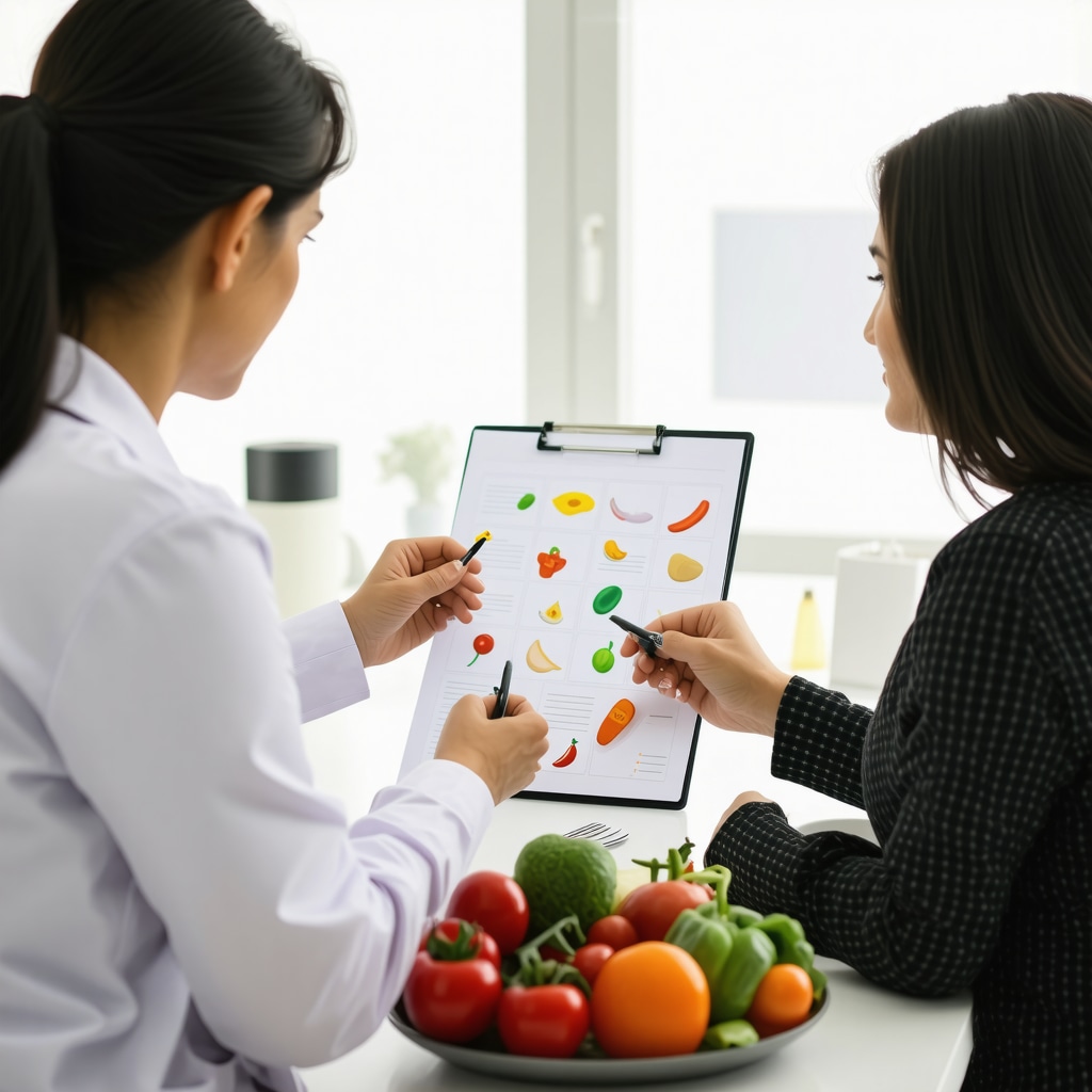 Nutritionist and doctor reviewing diet plan with patient in clinic setting.