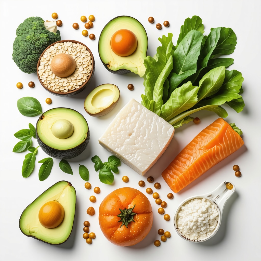 Assortment of healthy foods like oats, fish, vegetables, and fermented products supporting weight loss