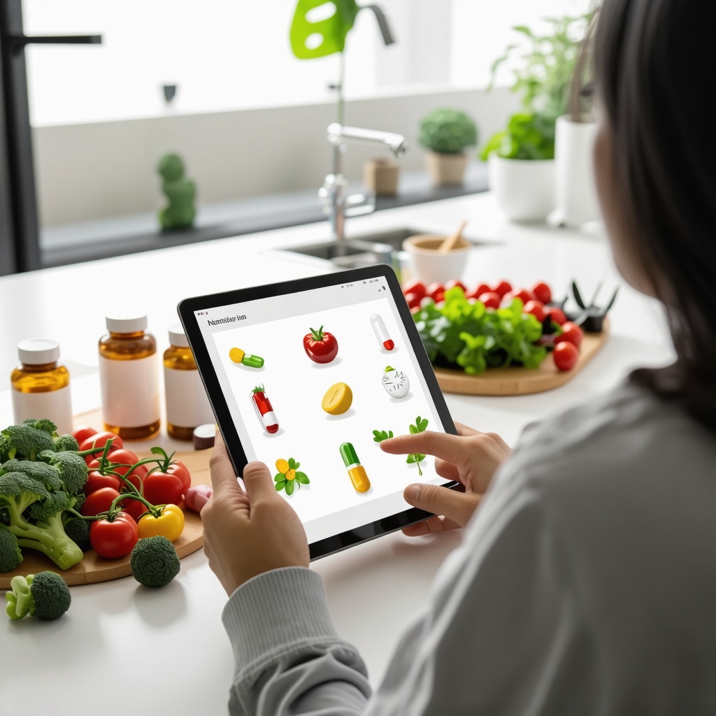 Person analyzing nutrition and medication plans on tablet in kitchen