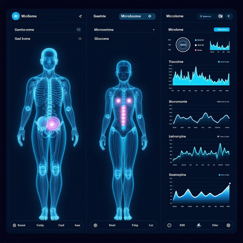 A high-tech screen showing integrated genetic, microbiome, and glucose data for personalized obesity treatment.