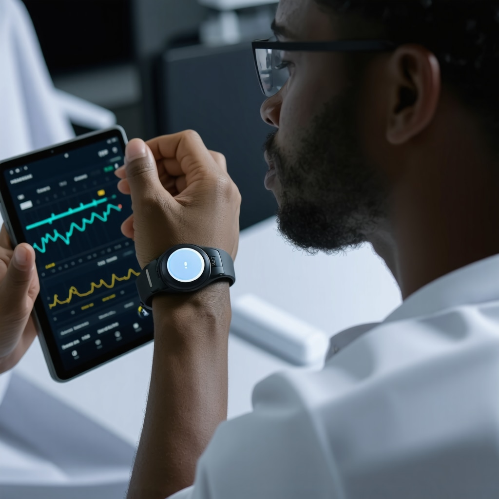 Patient with biosensor wrist device and clinician viewing microbiome data on digital tablet in clinical setting