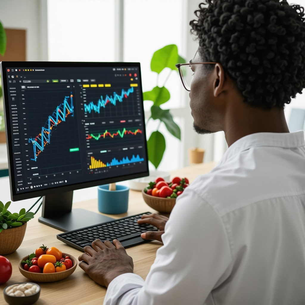 Person studying genetic data on a laptop with healthy foods around