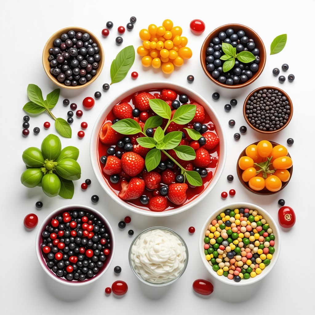 A vibrant assortment of fermented foods and microbiome analysis illustrations