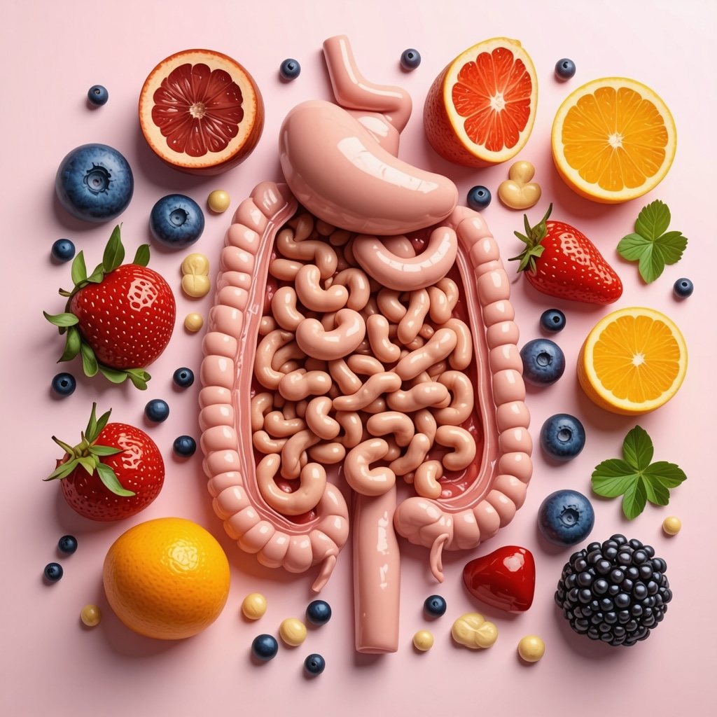 Colorful display of fermented foods like kimchi, yogurt, and supplements promoting gut health