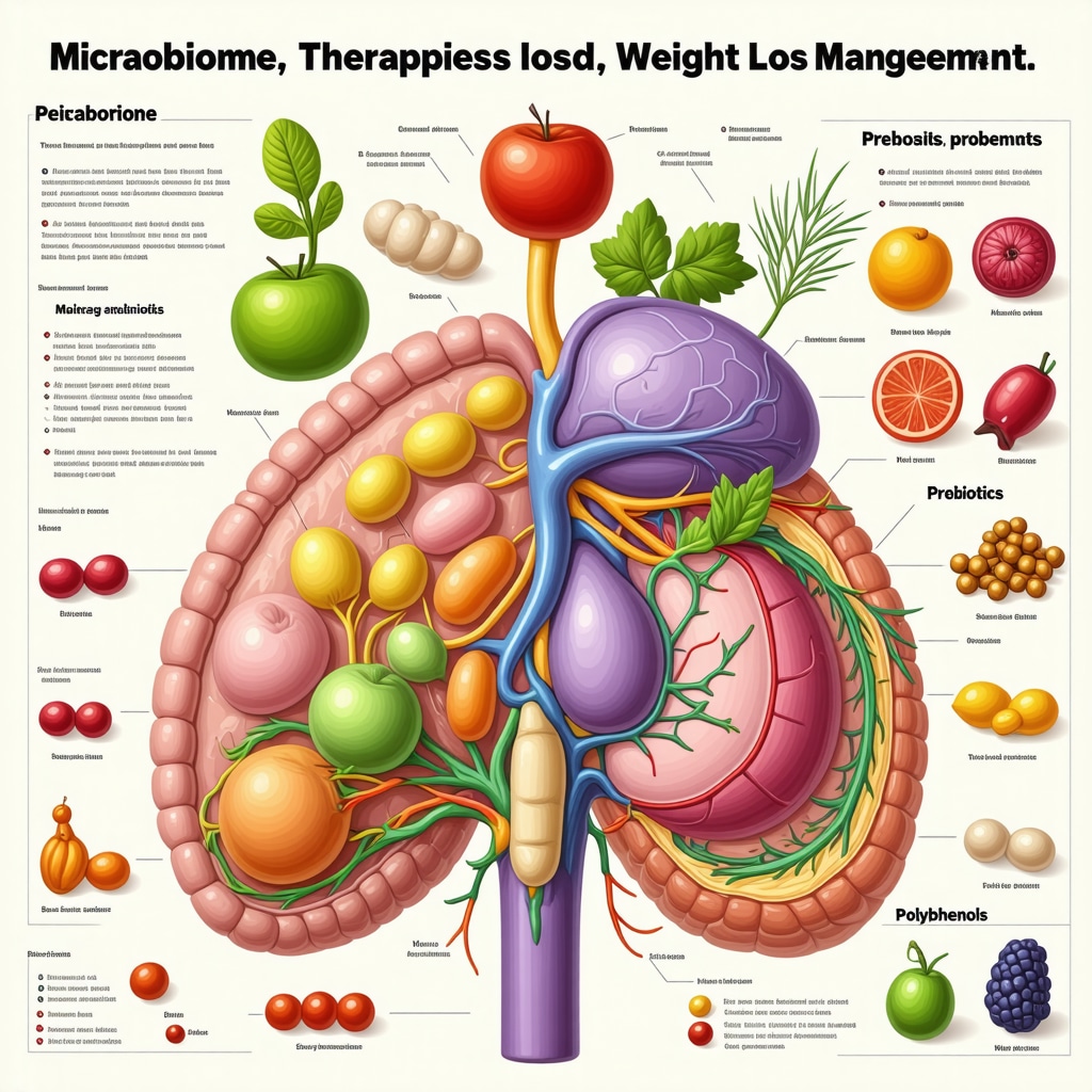Infographic illustrating gut microbiome modulation by diet and injection therapies enhancing weight loss