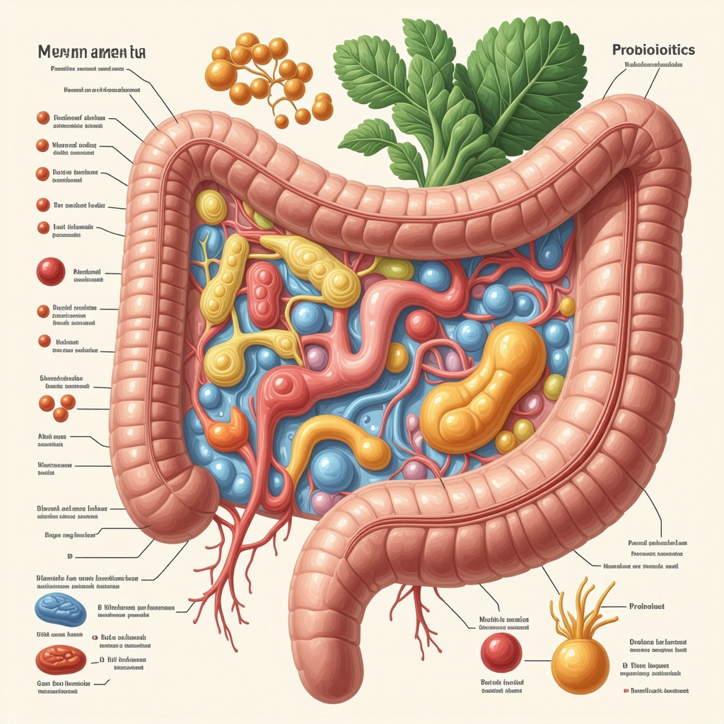 Illustration of gut bacteria, probiotics, prebiotics, and hormonal signals related to weight loss
