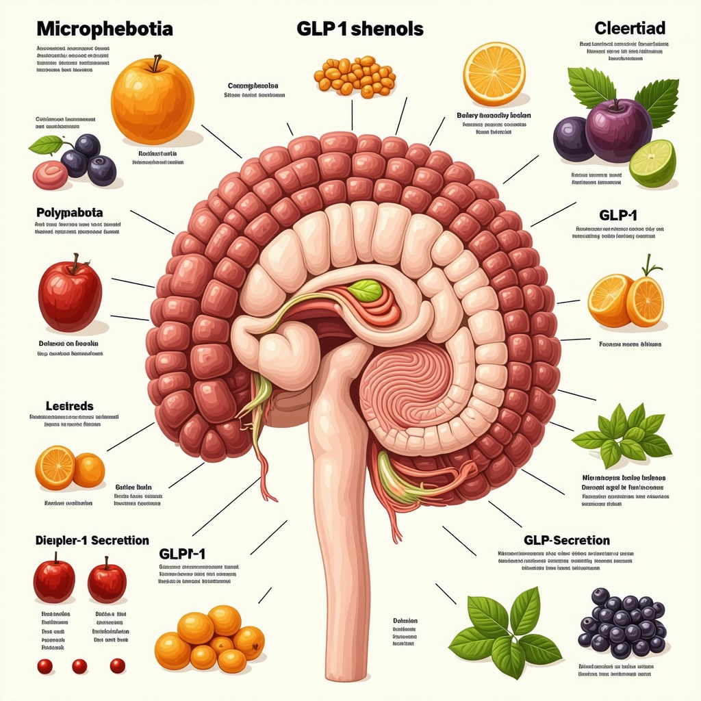 Illustration of gut bacteria, polyphenol-rich foods, and hormonal pathways supporting fat loss