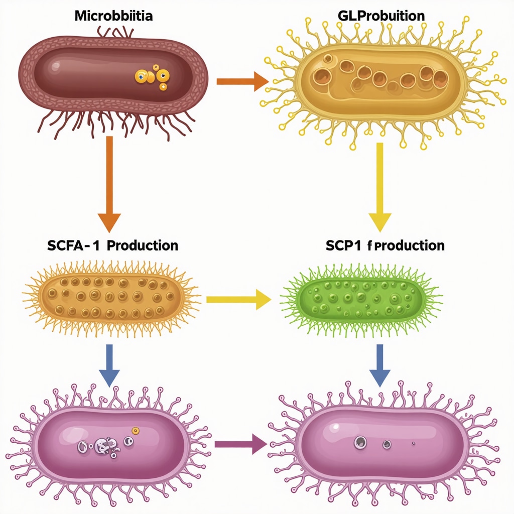 Illustration of gut bacteria fermenting fibers, producing SCFAs, stimulating GLP-1 secretion