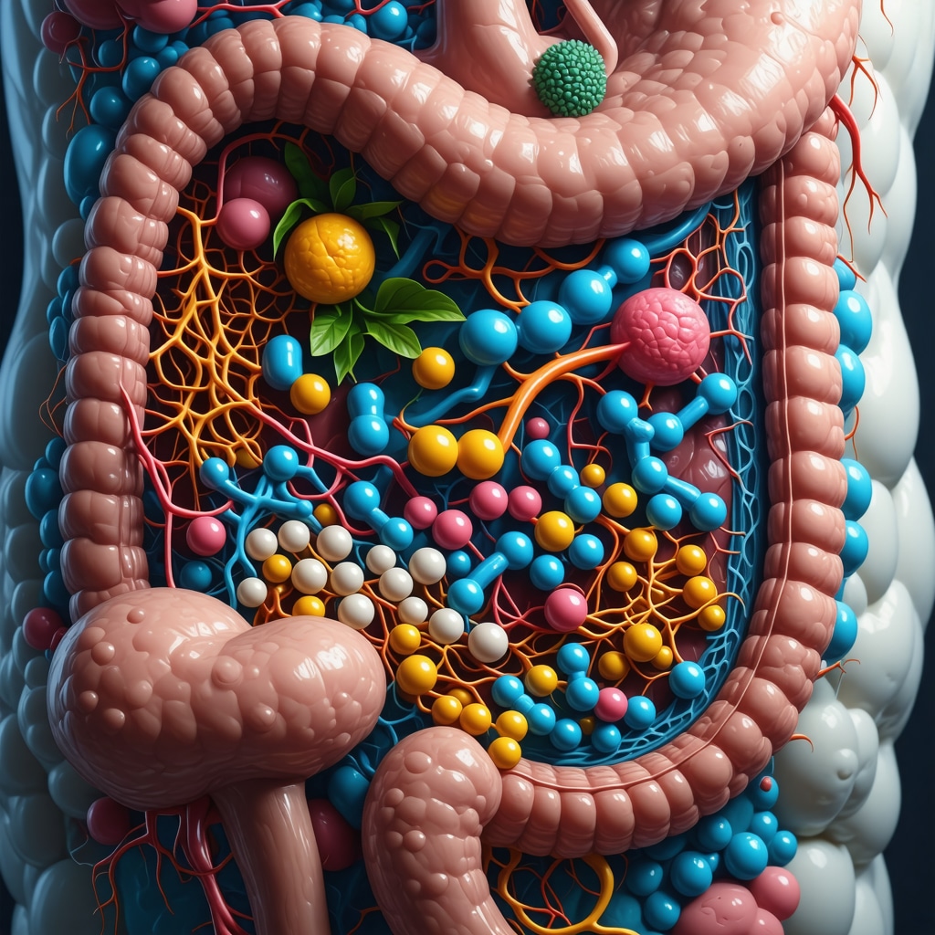 Illustration showing gut bacteria interacting with dietary fibers and injection medications within the digestive tract