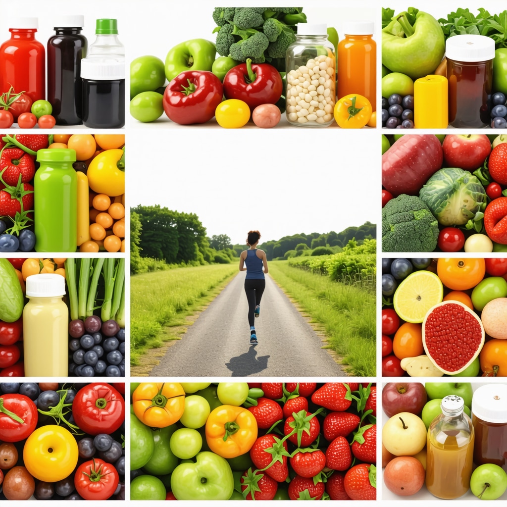 A collage of nutritious foods, medication, and exercise representing weight management.