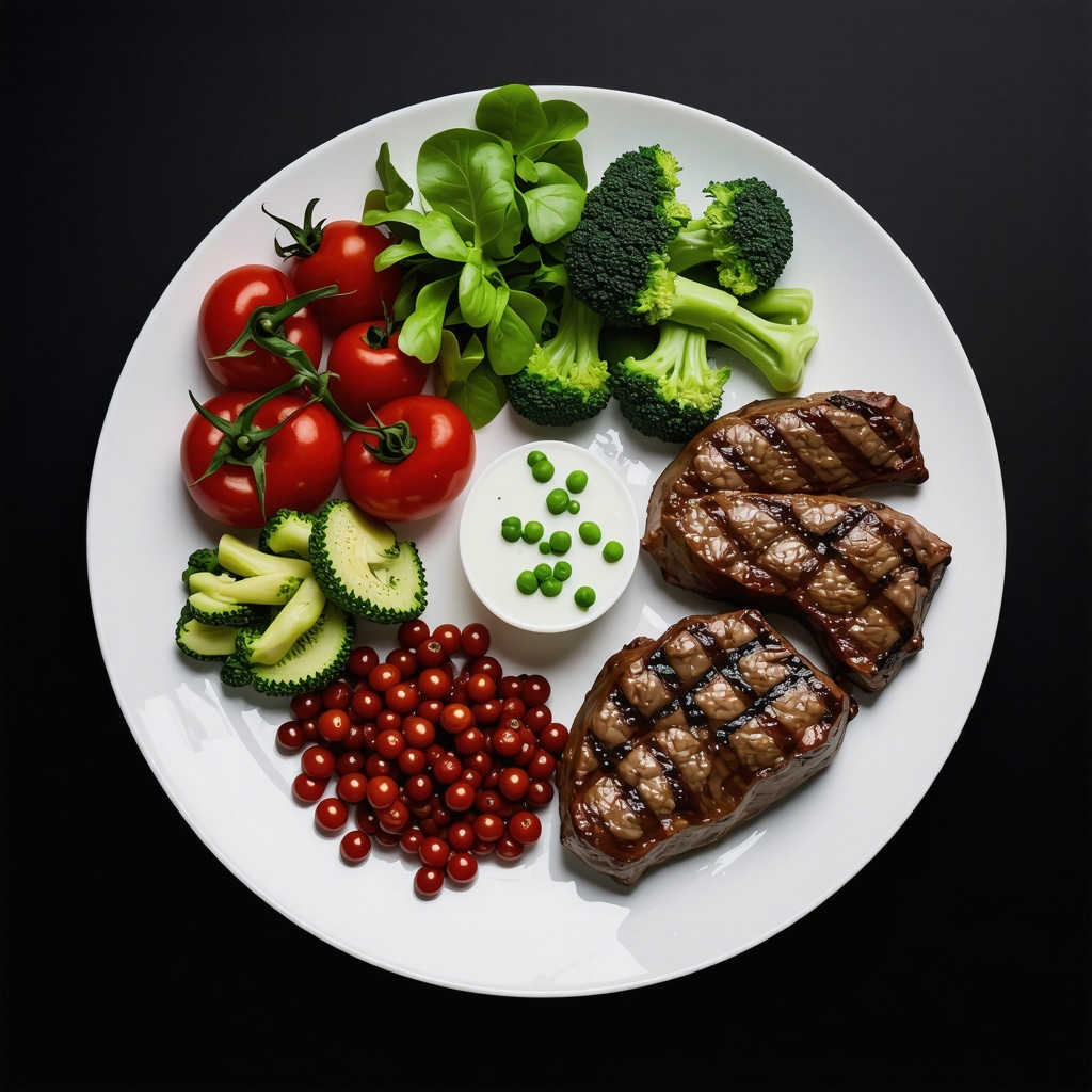 A colorful plate of healthy foods including lean meats, vegetables, and healthy fats