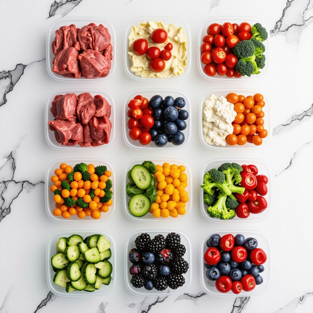Colorful healthy meal prep ingredients including lean meats, vegetables, and fats on a kitchen counter.